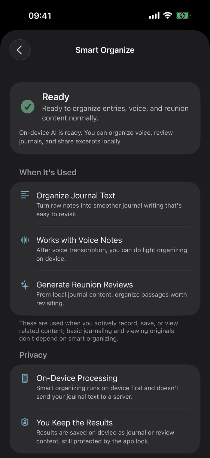 On-device AI organizing a journal