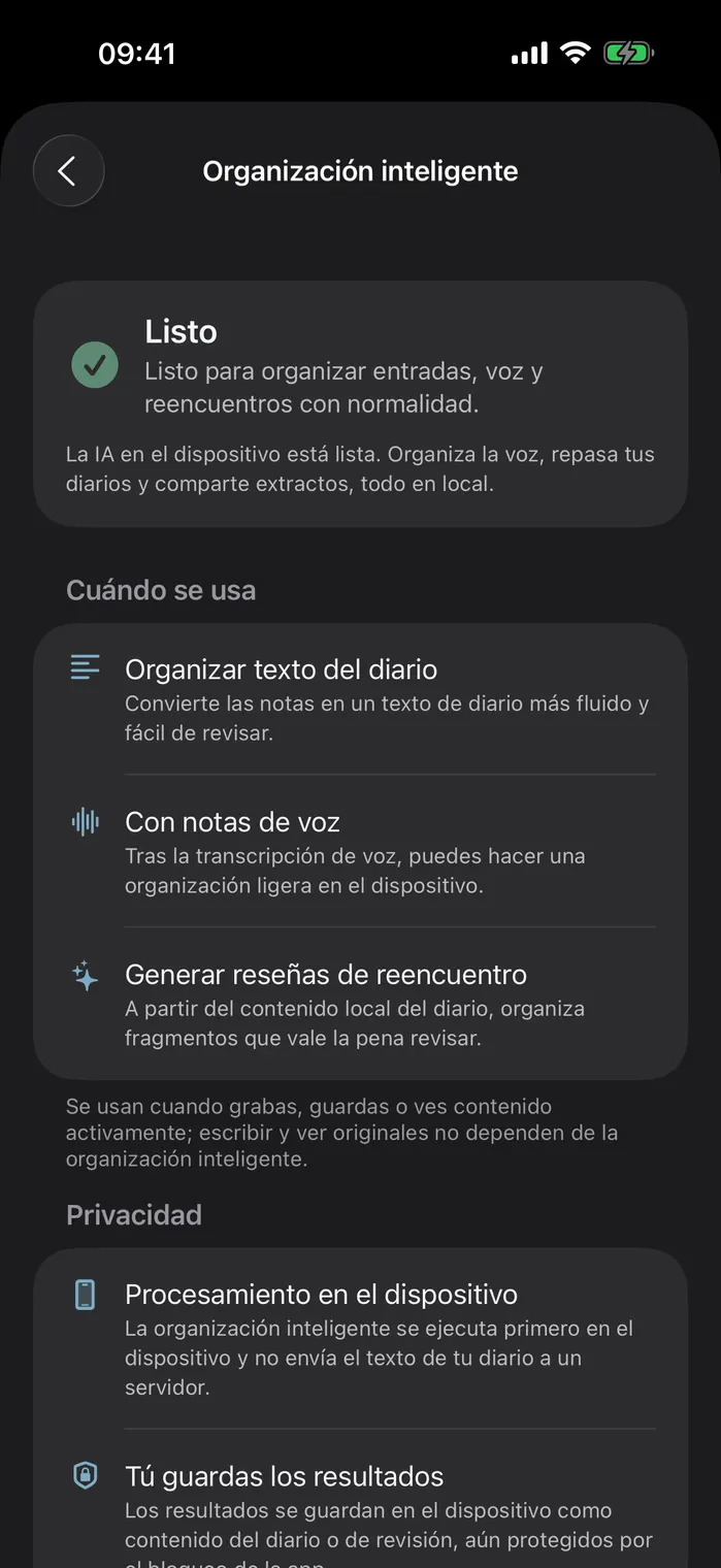 IA en el dispositivo organizando un diario