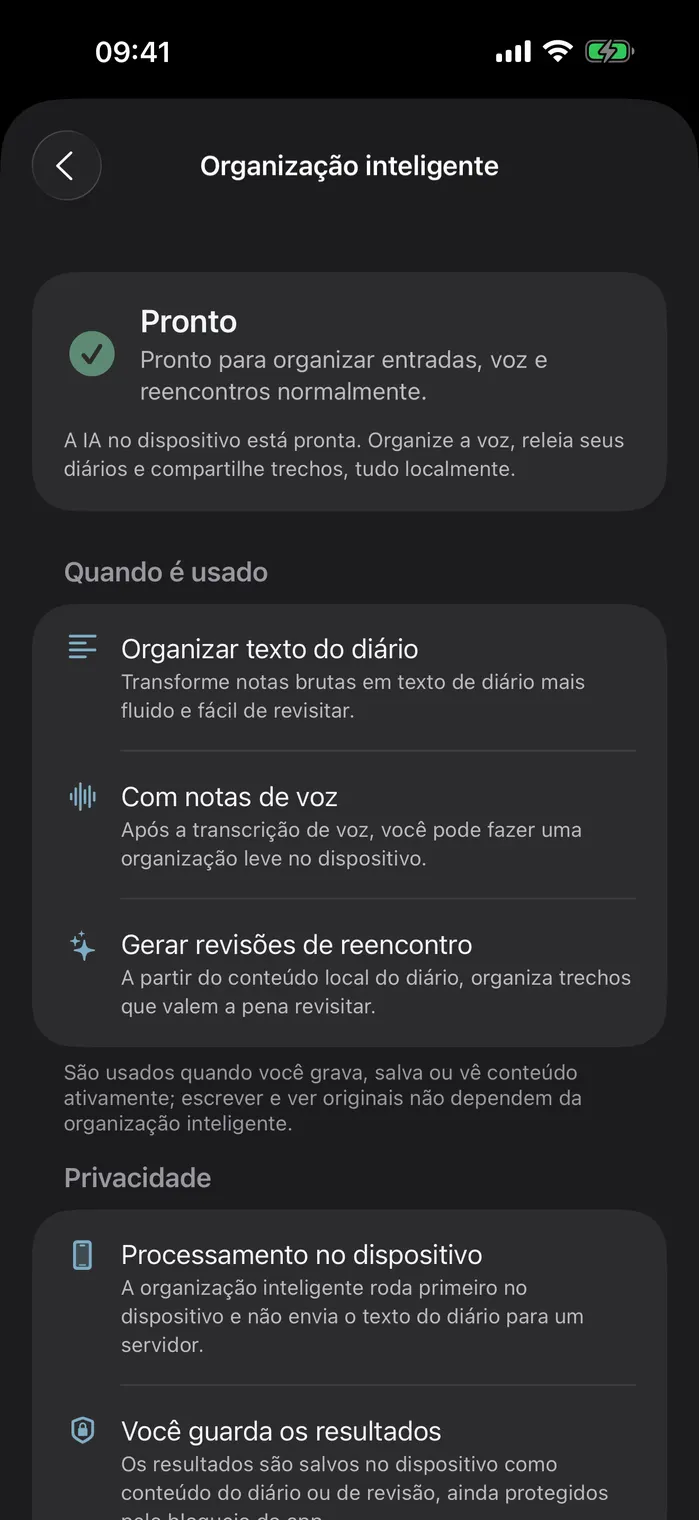 IA no dispositivo a organizar um diário
